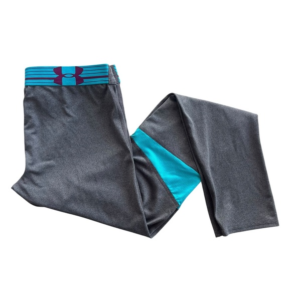 Under Armour Other - Under Armour Girl’s L Gray Teal Mesh Elastic Waistband Athletic Leggings 1263871